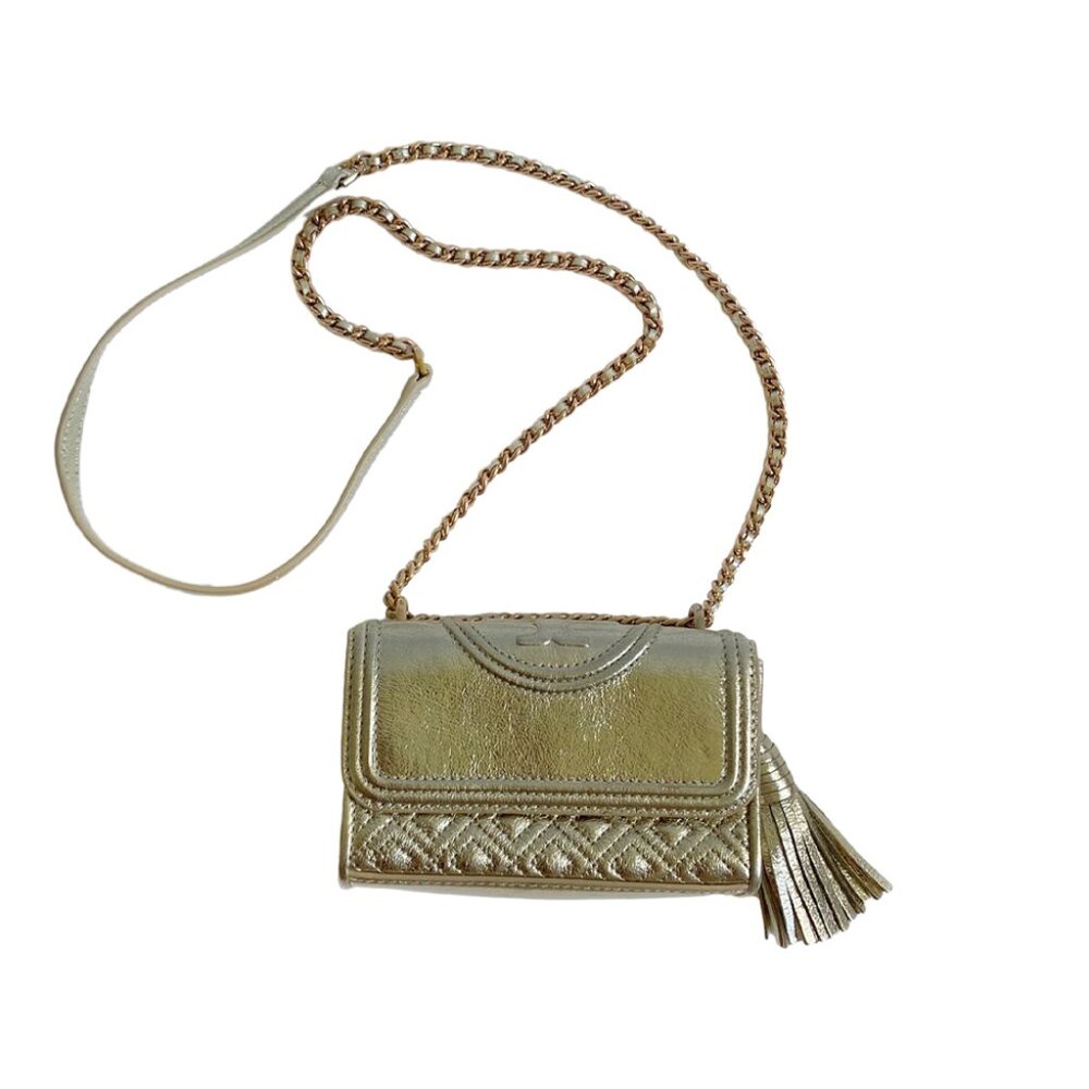 Tory Burch Pale Gold Leather Small Fleming Shoulder Bag